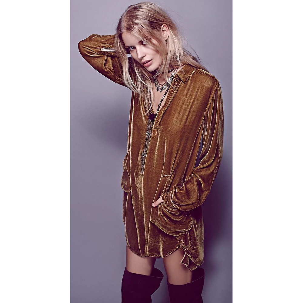 Free People x CP Shades Cozy Velvet Tunic Shirt Dress Size Small Golden Brown